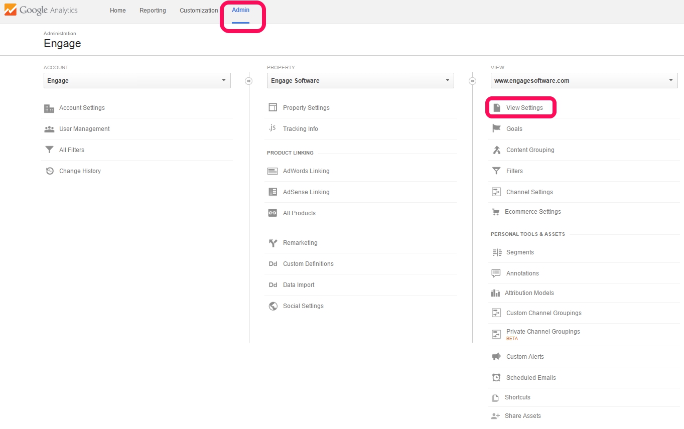 Go to Google Analytics Admin Screen to find View Settings